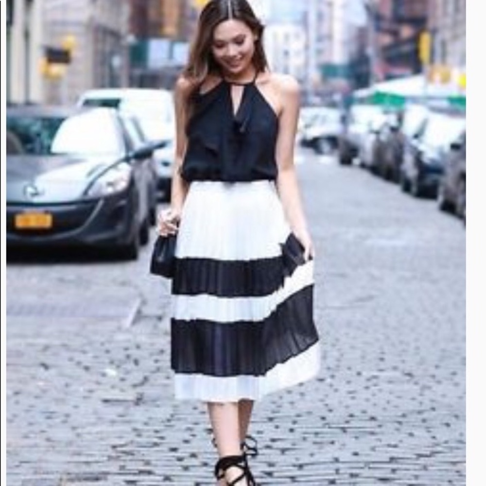 Pleated Gingham, Midi Skirt, Black and White